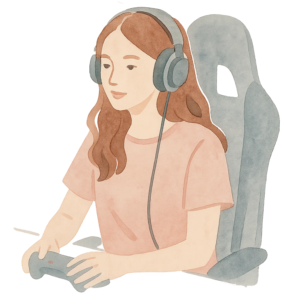 female streamer with headphones and a gaming chair emoji