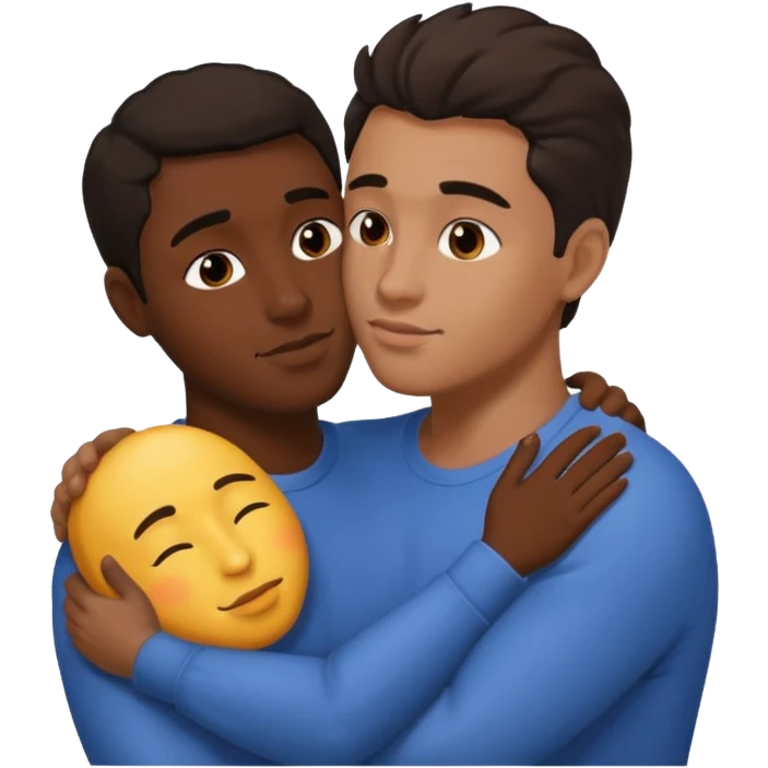 1 adult male dark skin ,1 light skin dark hair adult male, naked, cuddling, kissing, love passionate  emoji