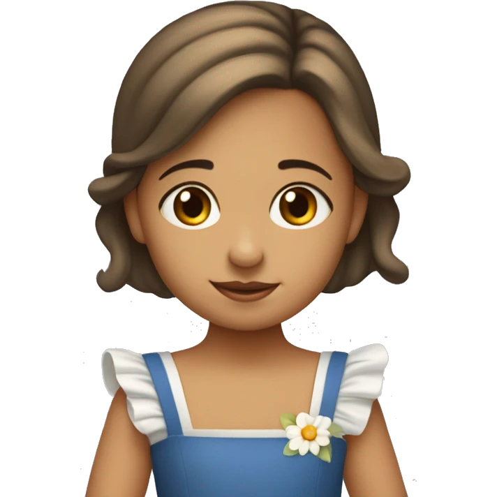 Una bebe niña con el palo castaño con dos coletas, vestido azul con margaritas emoji