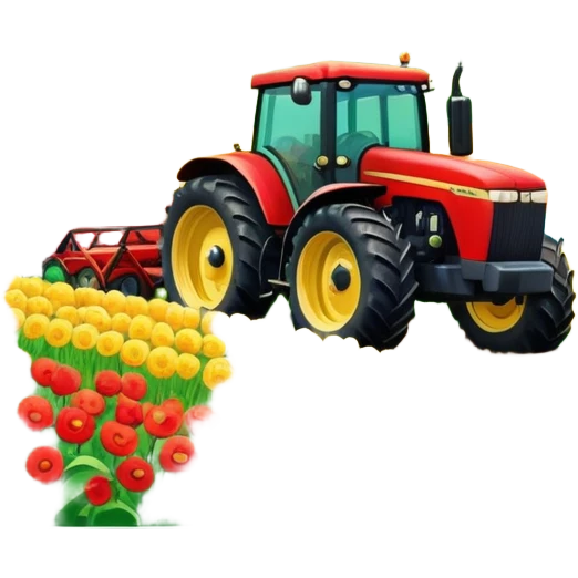 An icon showing close-up tractor in a colorful rural landscape, inspired by Farming Simulator 23. The design features vibrant fields, barns, and crops under a bright sky, with tractors working the land. The peaceful and immersive farming environment is highlighted with a transparent background emoji