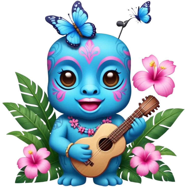 Pixar style little Blue and pink tiki singing with a butterfly and tropical flowers, ultra detailed and lifelike imagery, realistic emoji
