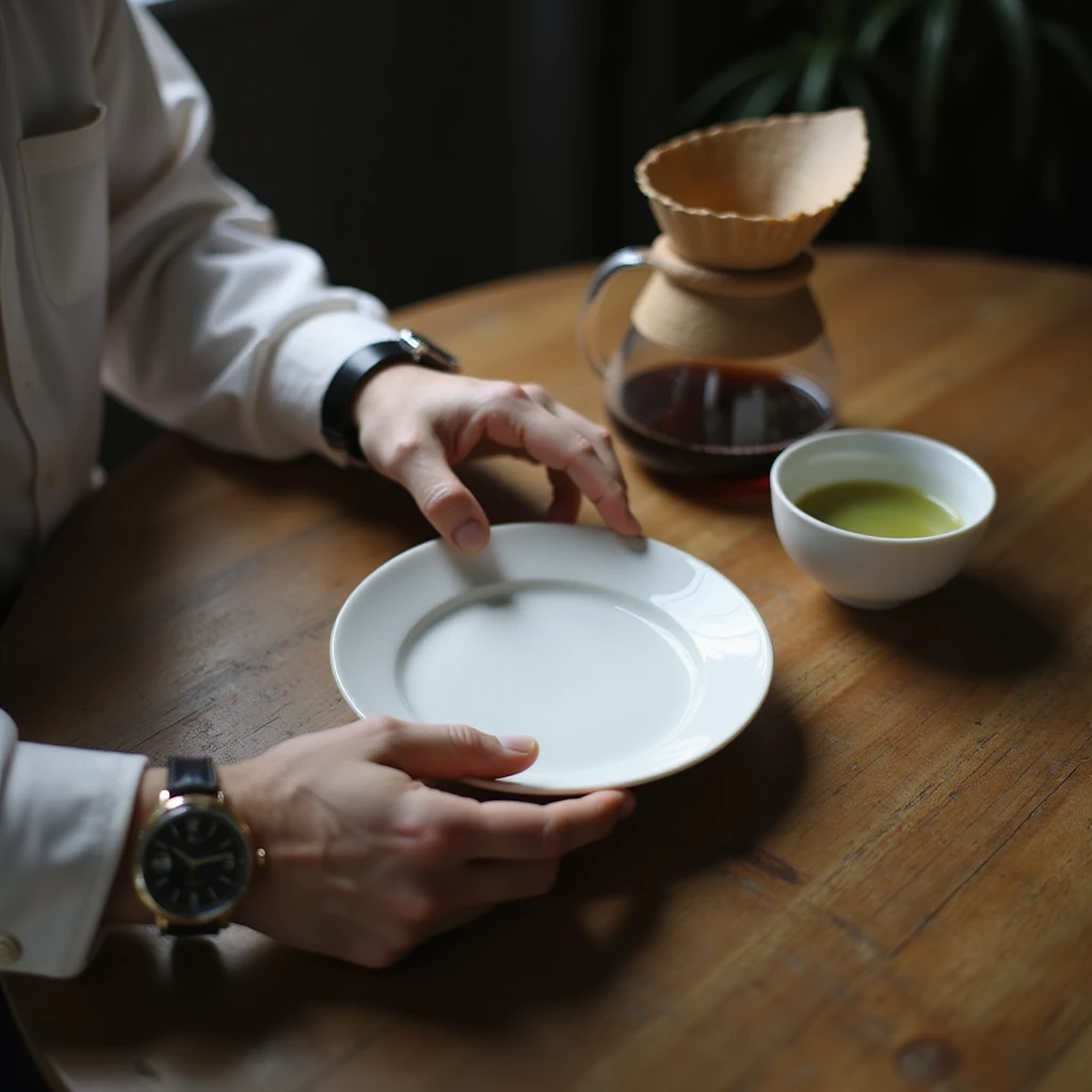 hyperrealistic 4K close-up of a man's hands touching an empty plate, wristwatch showing 23 hours, next to a water carafe and a cup of green tea, Zen environment emoji