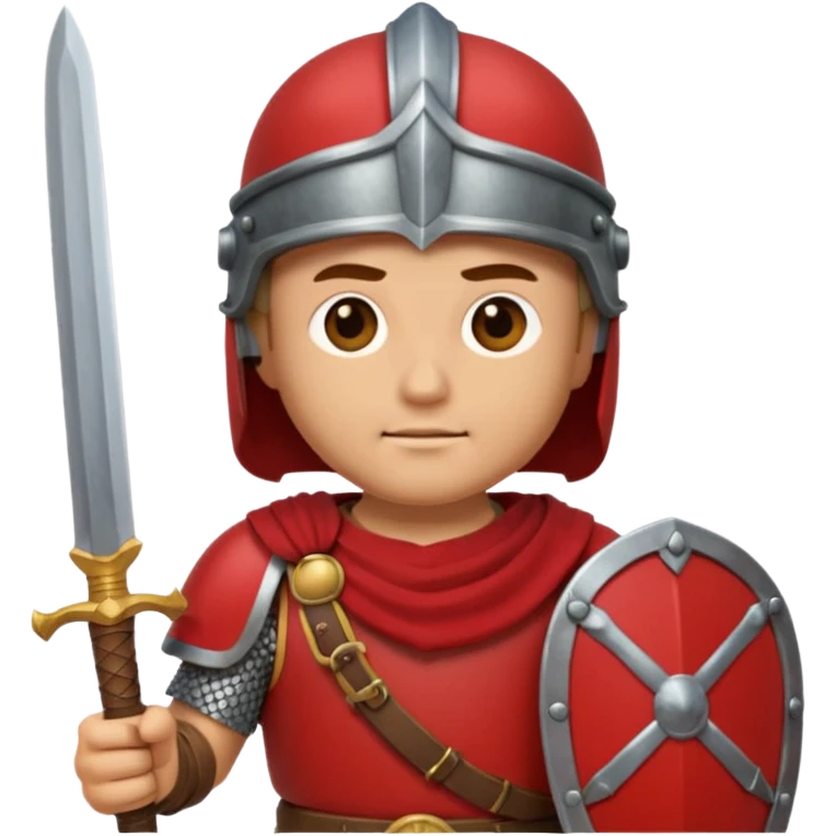 An emoji portrait of a Roman legionary soldier. He wears a helmet and a red tunic. His expression is stern and focused. He holds a short sword. emoji