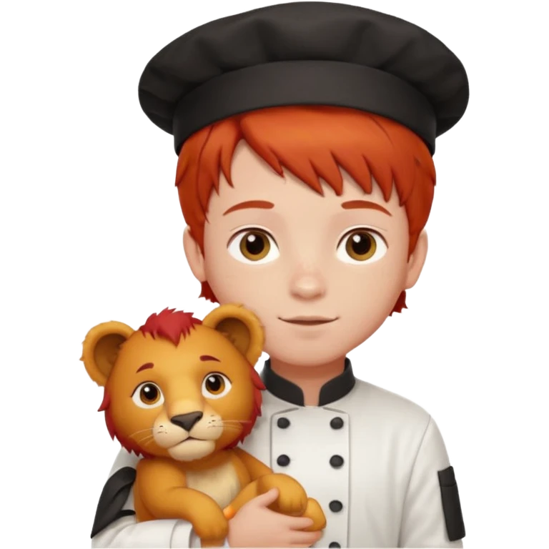 boy kid italian chef, red haired, uniform, holding plush lion emoji