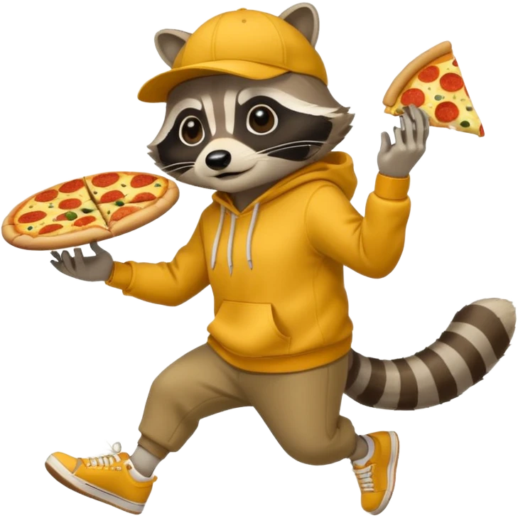 Crear ub mapache que sea solo dibujado con sudadera color mostaza y zapatillas + gorra que esté robando una pizza emoji