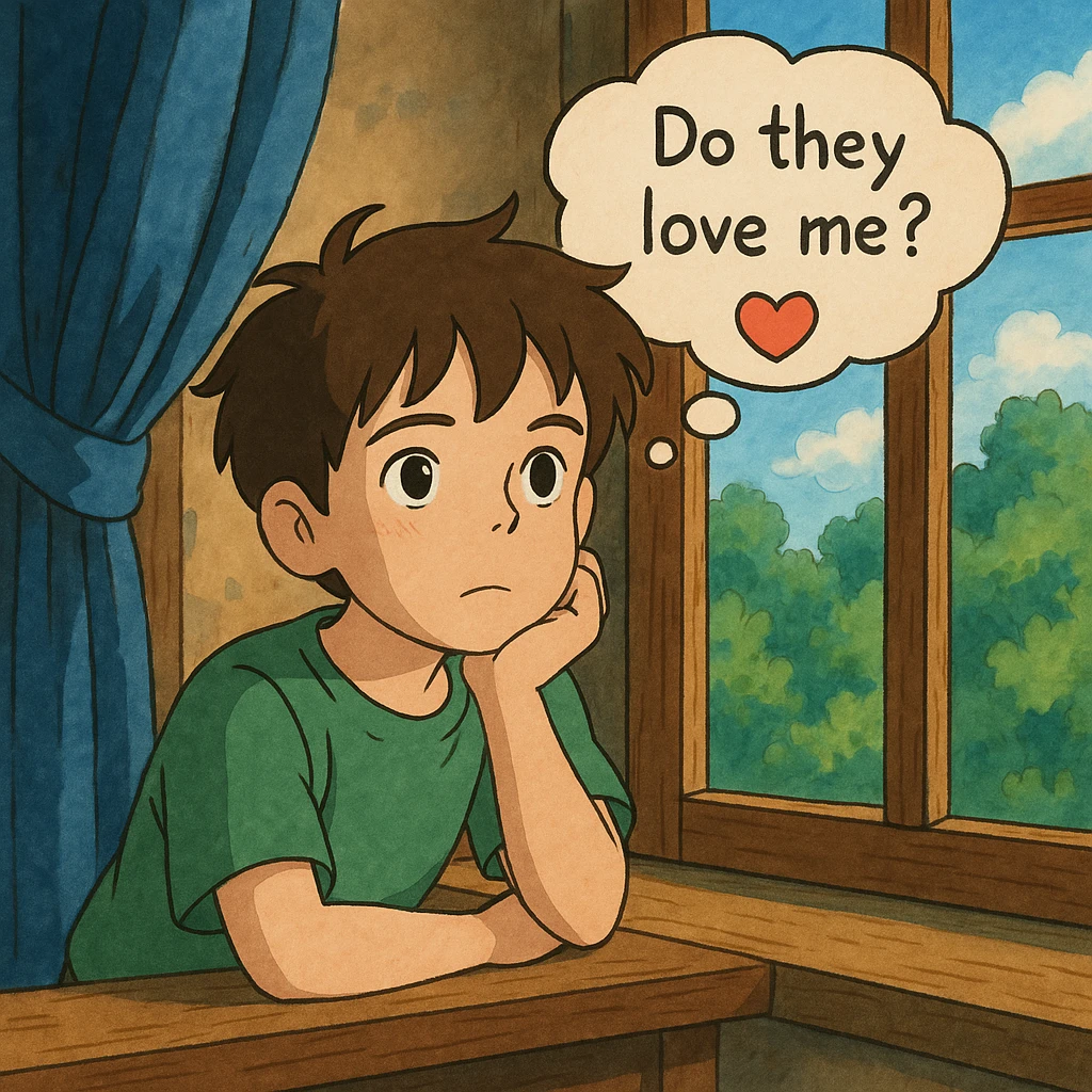 ghibli style illustration of a boy gazing out a window, dreamy expression, thought bubble with 'do they love me?' and a heart emoji