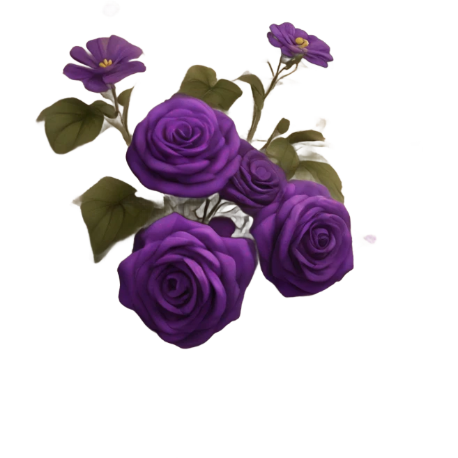 An aesthetic arrangement of a violet vintage book and dark magenta flowers in a light violet glass vase, surrounded by antique letters emoji