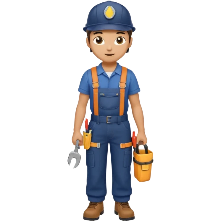 Repairs and Maintenance, Young, wearing navy overalls, a cap and having tool belt, full body emoji
