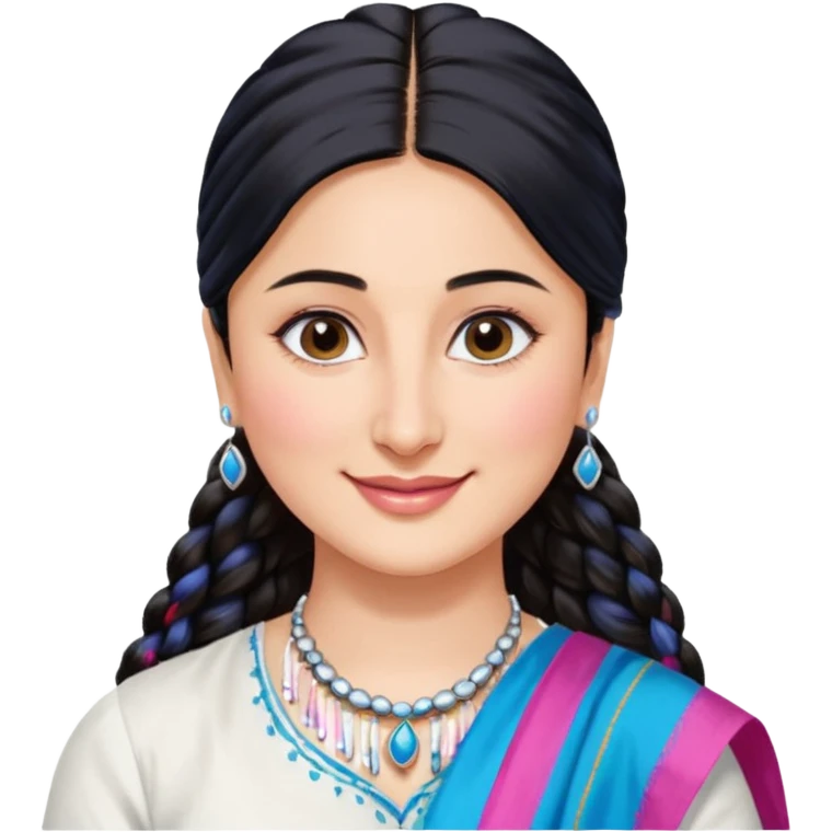 generate a pretty bratz emoji that looks like Kareena Kapoor's Geet character. 
Make her wear a white shirt with a colorful blue-pink dupatta wrapped around her neck. smiling big. Black hair tied into a side part ponytail, silver hoops and no necklace

She should look exactly  like Kareena Kapoor emoji
