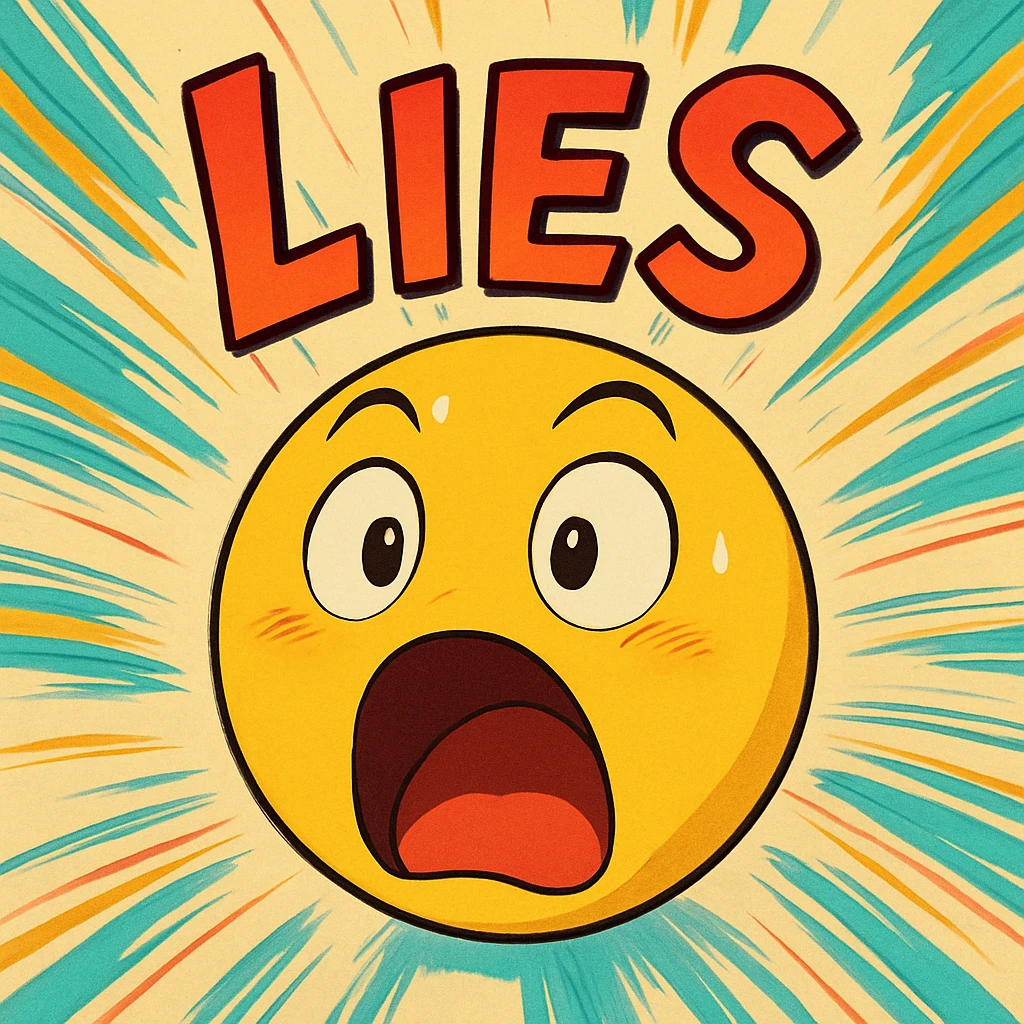animated emoji with expressive face, mouth open, eyes wide, with the word 'LIES' in bold, energetic lettering, vibrant colors, dynamic motion lines emoji