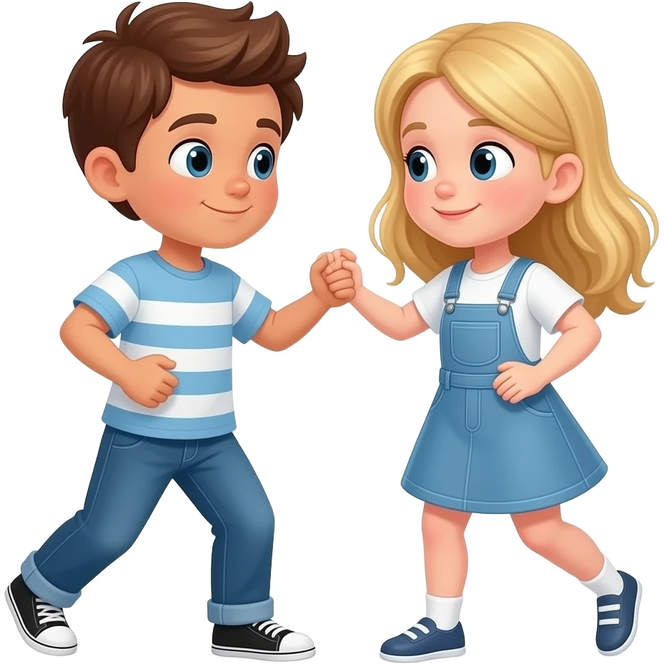 two kids, one boy with brown hair and white tan, and one girl blonde hair and white tan playing tango dressed casual like kids emoji
