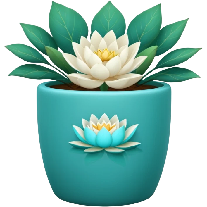 Decorative turquoise planter with a shallow, cylindrical shape and a white lotus flower plant emoji