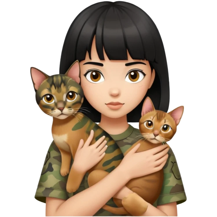 A girl with short hair and bangs is wearing camouflage short sleeves and holding an Abyssinian cat emoji