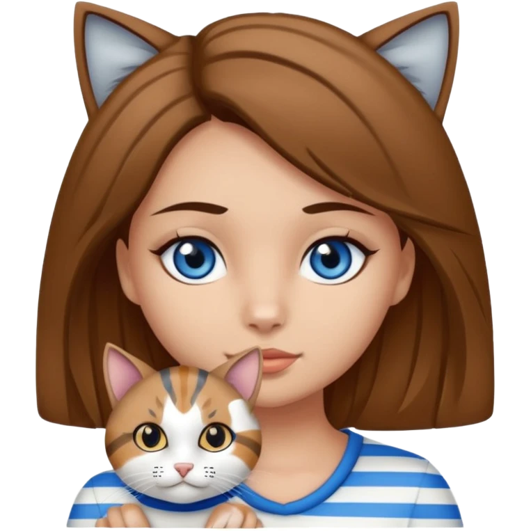 Haz un emoji de una chica con piel clara, ojos marrones, cabello castaño, rizado, cargando a un gato blanco con rayas negras y grises con ojos azules  emoji