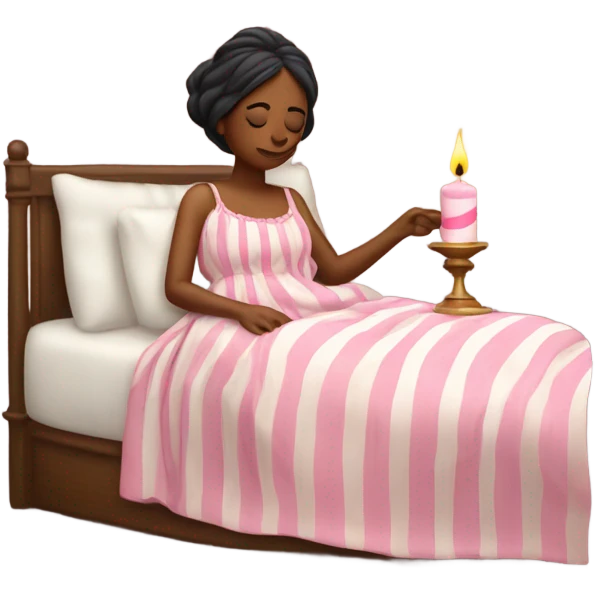 Sleepy emoji woman in pink stripped nightgown wearing a hat and holding a 1800’s candle  emoji