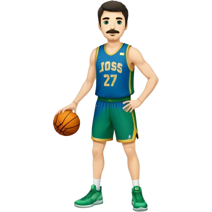 Full Body  white male basketball player with short shaggy dark hair and gold tee mustache wearing blue and green uniform emoji