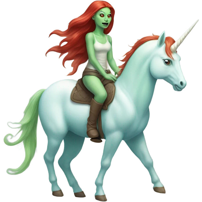 [politically incorrect
	{ woman: alien, color: light green, hair:red, eyes:cat} ]
	on a 
	[{ unicorn: white, legged:four, mane: light blue }] emoji