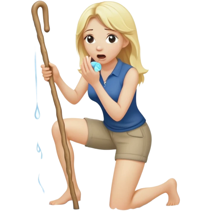 blond woman kneeling, holding a wide skin-colored stick with a D-shaped knob with skin texture, the stick emerging from a pair of hanging trousers, water squirting from the flat side of the knob into her mouth, shocked face emoji