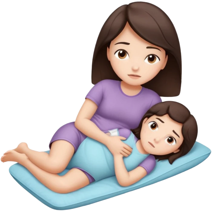  a brunette girl lying down on her side, holding a warm heating pad against her lower belly. She's uncomfortable and sad, her posture should show she’s having menstrual cramps. Use simple lines, rounded shapes, soft colors, and a clean emoji aesthetic. Make it expressive but still adorable emoji
