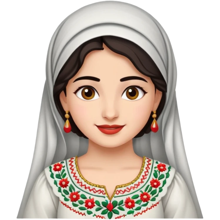 Palestinian girl cheerful wearing traditional embroidered dress, subtle background emoji