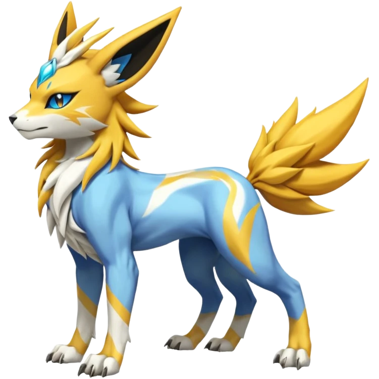 Feral Solgaleo-Meloetta-Jolteon-Renamon-Zeraora-Vernid-fusion-hybrid-creature, full body  emoji