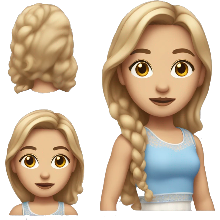 Girl with light brown hair with blond tips, hazel eyes, blue-pink crop top, white skirt emoji
