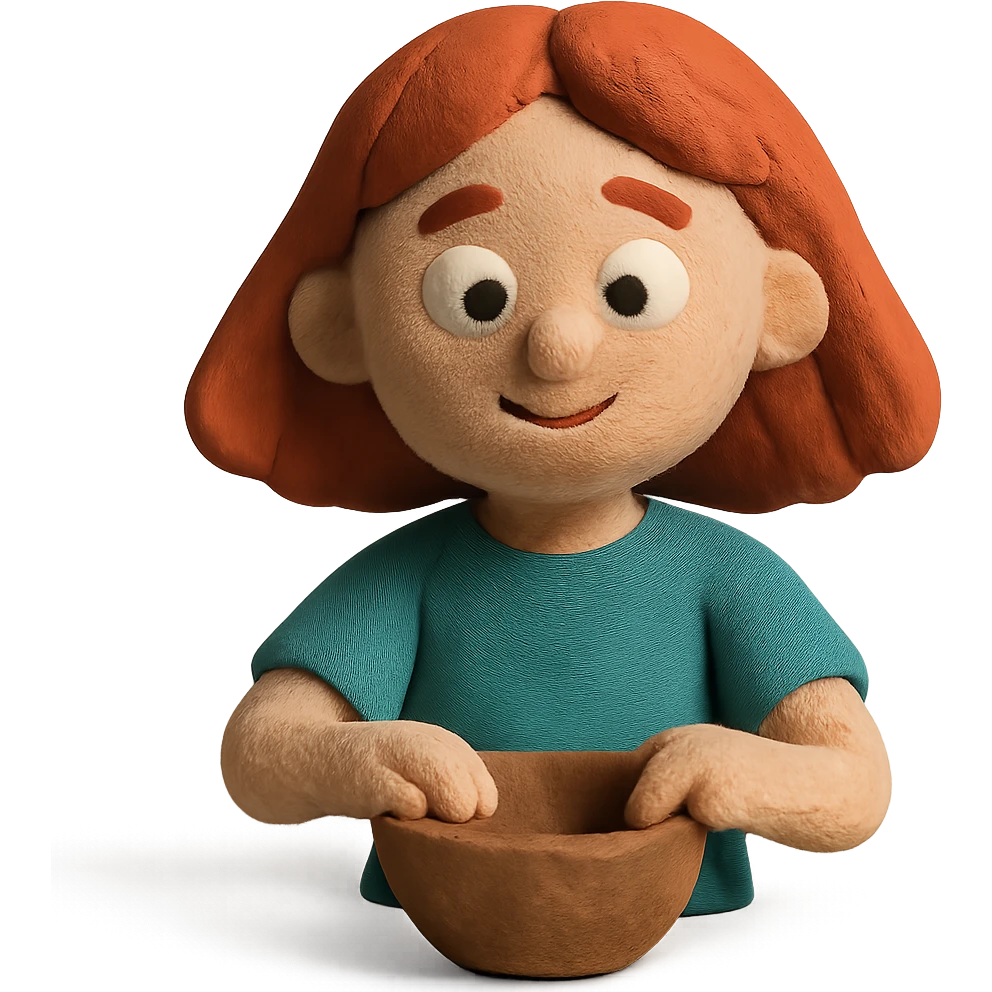 claymation style girl with shoulder-length red hair making a bowl with clay emoji