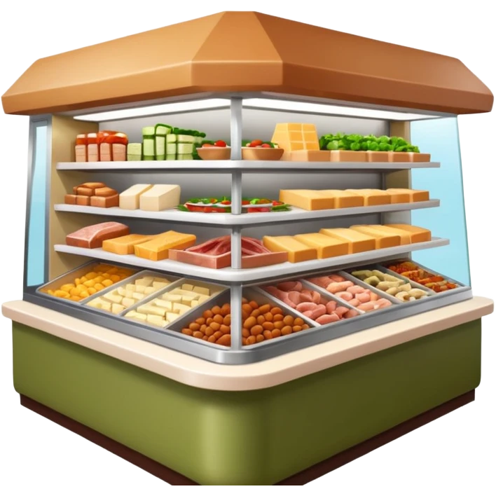 A 3D cartoon deli counter filled with meats, cheeses, and salads, bright lighting, Memoji-style realism. emoji