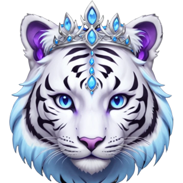 ESO Female white/black tiger khajiit leader of the umbral rose, glowing blue eyes, glowing blue 'third eye' gem; beautiful purple gemmed silver tiara emoji