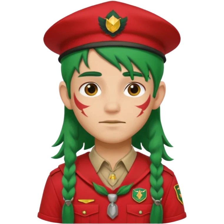 scout boy long hair face tatooes green haired, wearing red uniform with hat emoji