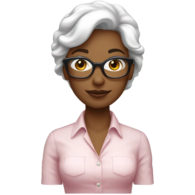Femme blanche, brune, cheveux longs bouclés, lunettes rose pâle chemise blanche emoji