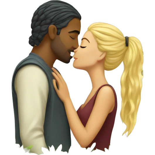 blonde woman with indian man that has a man bun romantic kiss under tree emoji