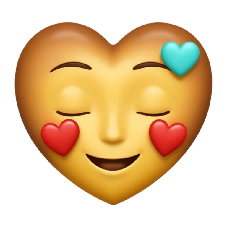 Sweet, happy Apple-style emoji: closed eyes, gentle smile, yellow with gradient, flat cyan background, one red heart at top right, two chocolate pieces replacing other hearts, shiny, realistic, rounded, clean, digital, smooth emoji