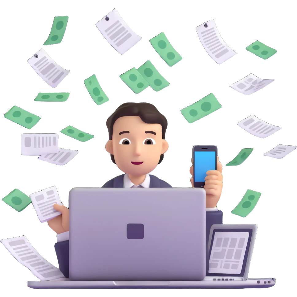 person holding a phone in one hand, laptop open in front, storm of receipts, invoices, and reminders swirling around, multitasking chaos emoji