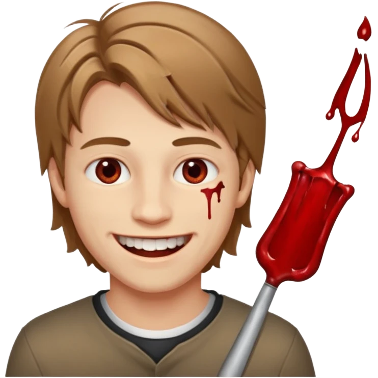 парень с русыми волосами средней длины; белая кожа; белые глаза; открытая улыбка, где на зубах кровь;  emoji