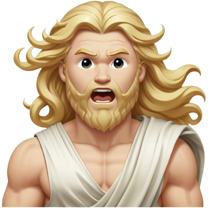 Cinematic Realistic Thor Portrait, head tilted slightly with a dramatic, wide-open yawn, revealing a moment of unguarded human vulnerability amidst his divine stature. His fair, luminous skin and elegantly styled, wavy golden hair maintain their sculptural perfection even in repose. Dressed in a flowing white toga with understated golden accents, the portrait is bathed in soft natural light, capturing a rare glimpse of relaxed, timeless strength from a Greek god reborn. emoji