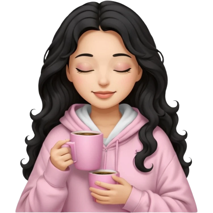 hispanic woman, black long wavy hair , closed eyes, feminine face, holding soft pink coffee cup wearing white Hoodie with pink blanket over shoulders emoji