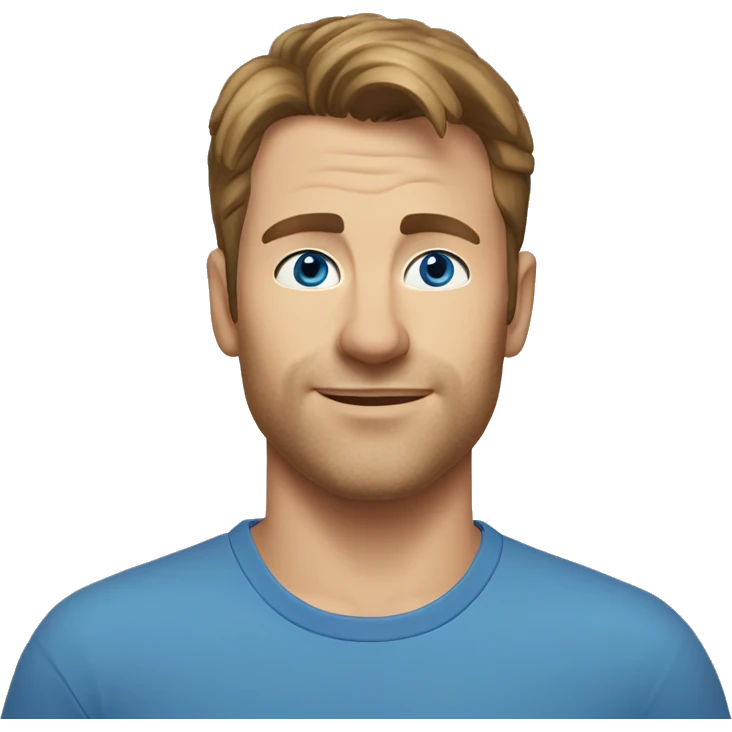 A head and shoulders shot of a 35 year old Caucasian man, with short brown hair,   with blue eyes wearing a t-shirt. emoji