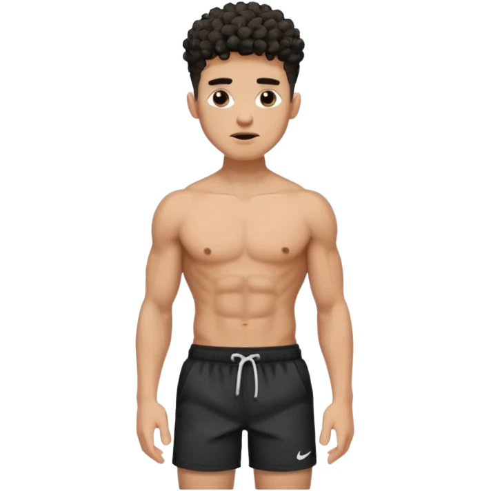 Ripped, athletic man with thick neck, high top fade with no part, curly hair only top only, no shirt and show waistline up, white male, black shorts and more man face emoji
