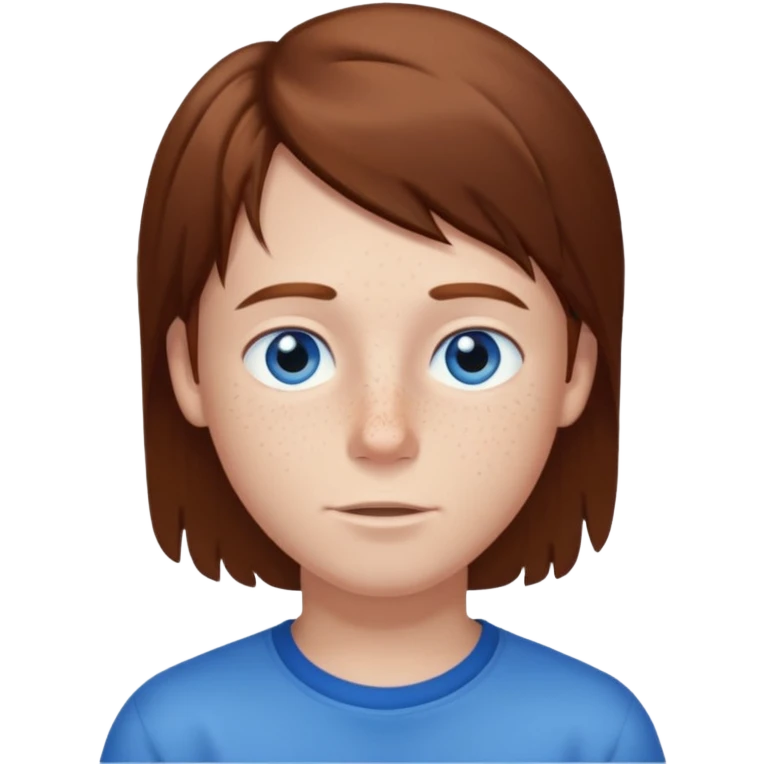 Boy standing with brown straight hair blue eyes and freckles emoji
