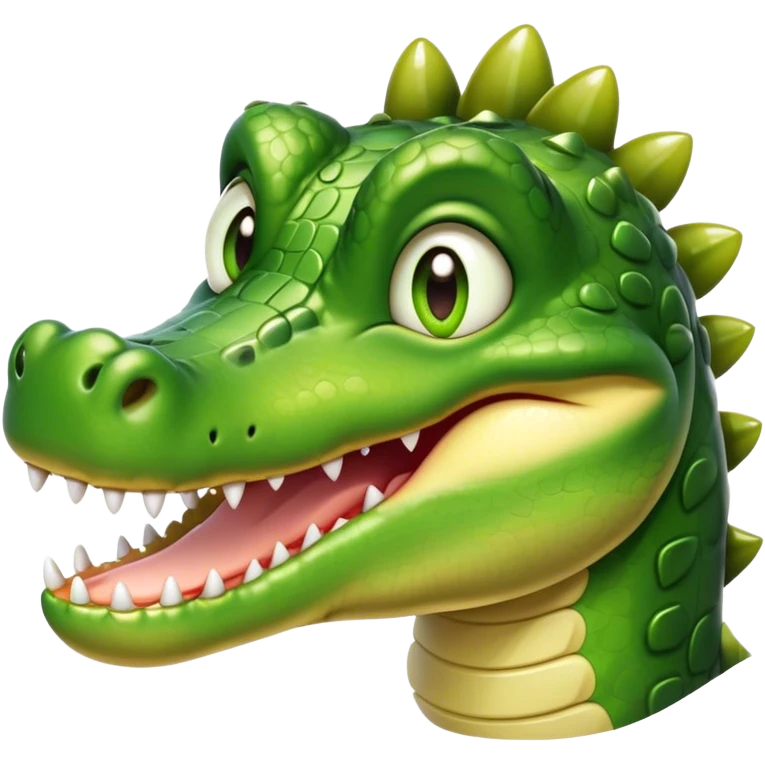 Cinematic Realistic Cute Crocodile Portrait Emoji, Head tilted playfully and inquisitively, featuring a robust, well-defined build with intricately detailed, glossy olive-green scales and a surprisingly endearing face with round, sparkling eyes full of unexpected charm, rendered with lifelike texture and natural highlights, high shine, affectionate and spirited, styled with a touch of wild whimsy, soft glowing outline, capturing the essence of a mischievous yet lovable crocodile that seems poised to snap playfully out of the screen into your arms! emoji