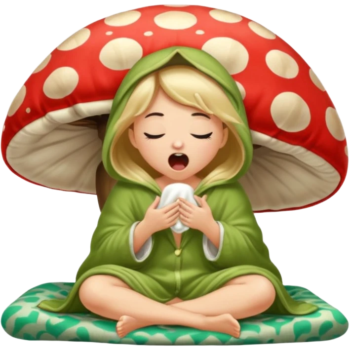 woodland spirit girl in mushroom pajama and oversized blanket yawning emoji