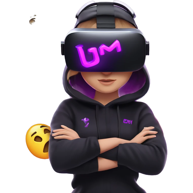Russian girl wearing black hoody with violet letters "OMG", in vr headset oculus quest2. Dancing. Cyberpunk style. Violet neon. emoji