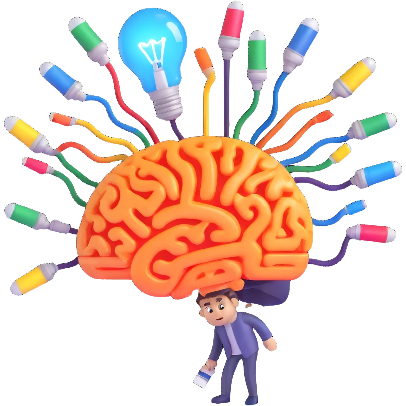 a person with a glowing brain, surrounded by floating lightbulbs, gears, and paintbrushes, symbolizing AI enabling creativity and innovation emoji