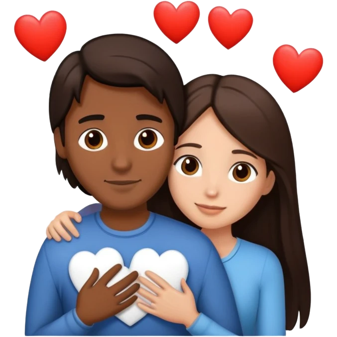 A couple hugging. The man has medium brown skin, dark brown slightly long straight hair. The woman has fair skin, long dark brown hair. White hearts around them. emoji
