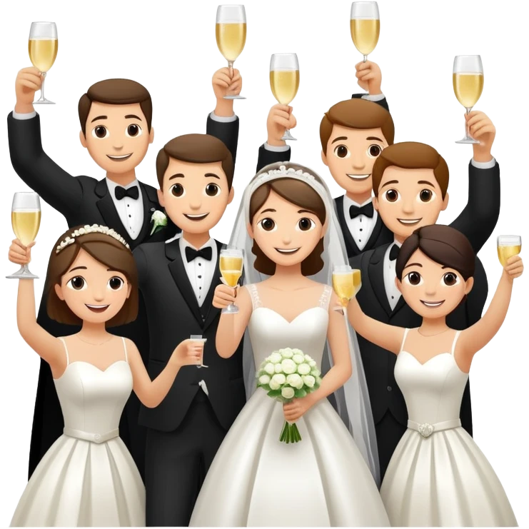 Wedding party raising joints for a celebratory toast, colorful wedding group with bride and groom at the center, cheerful cartoon style emoji