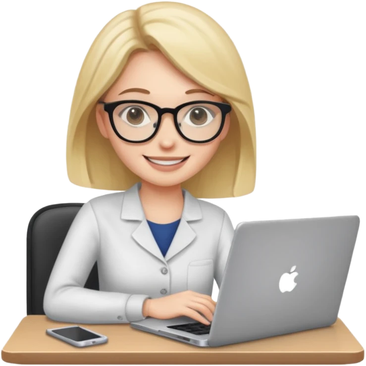 Девушка сидит на работе с ноутбуком. Она улыбается  emoji