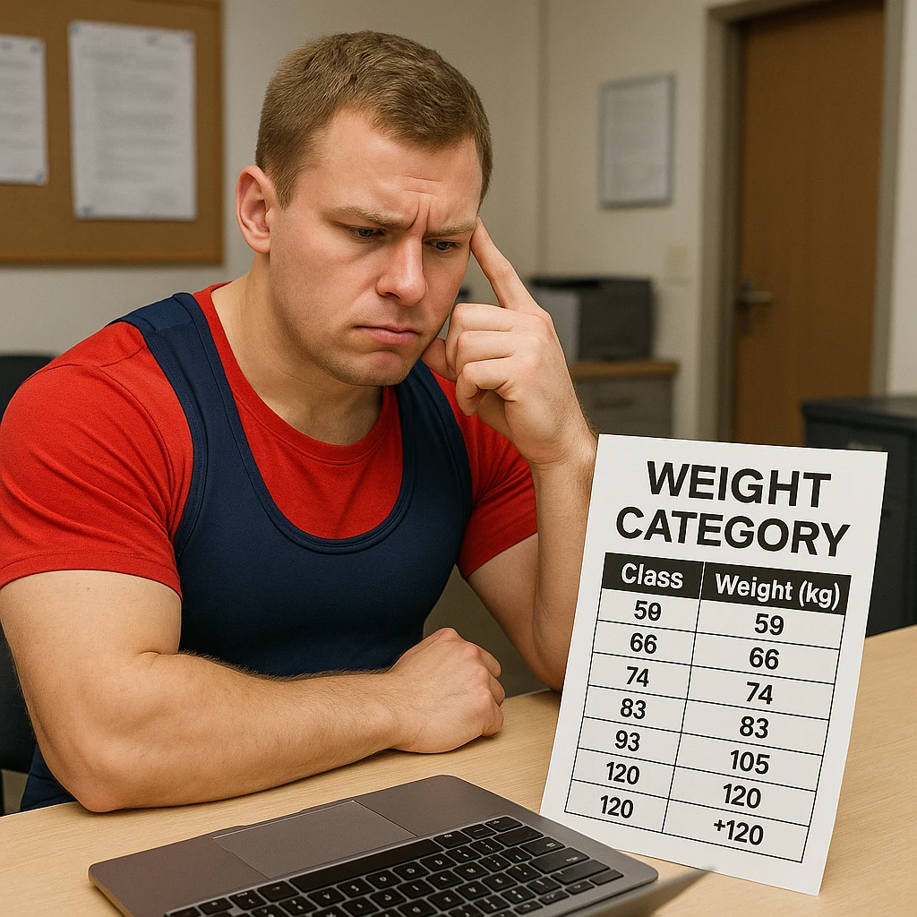 European powerlifter in front of a computer or tablet, comparing own data with a weight category chart, undecided expression, competition clothing, realistic details, registration room or competition office background emoji