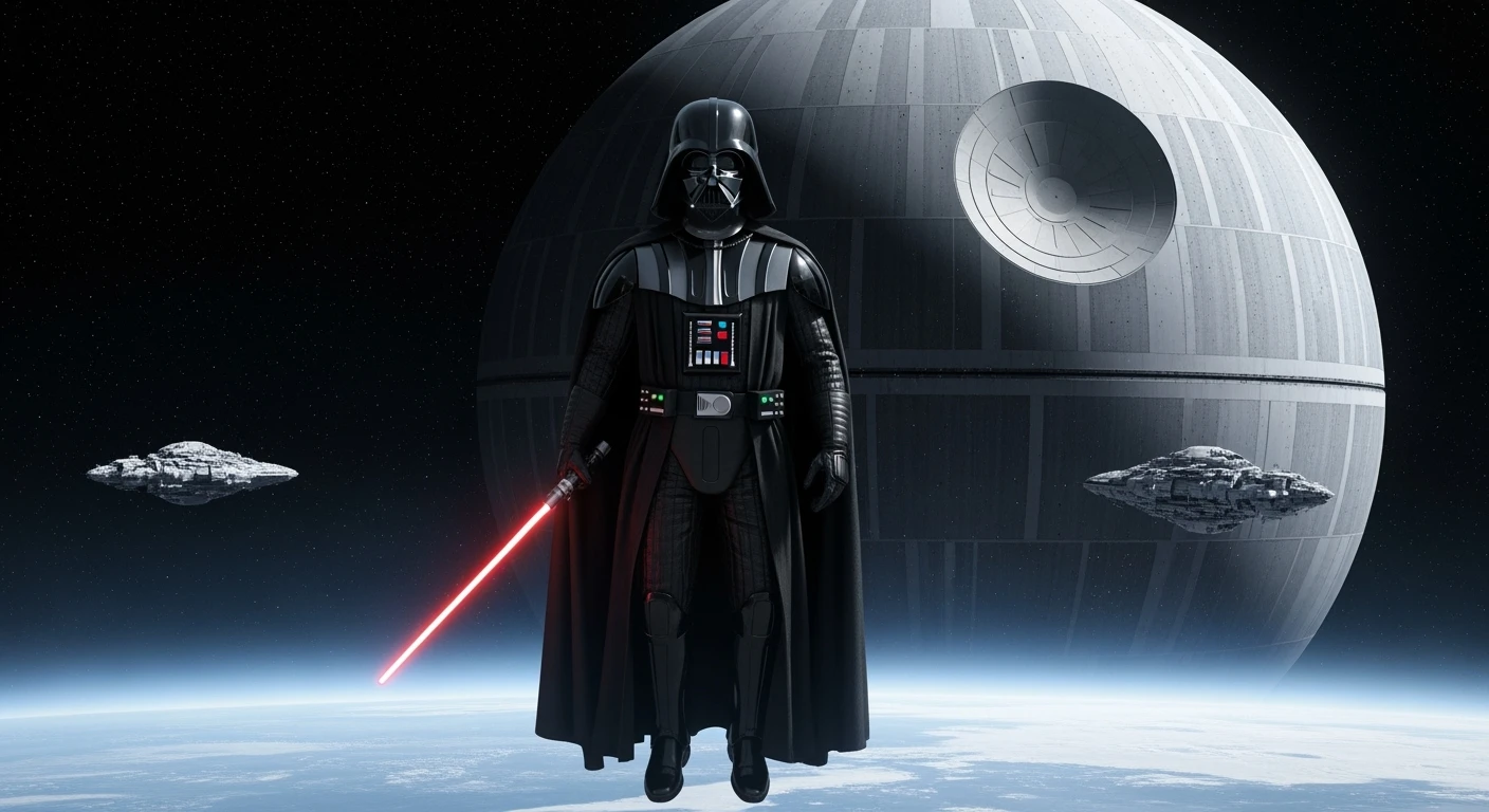 cinematic still, documentary photography, space and death star, well lit scene, Darth Vader floating in space, close up, front shot, rule of thirds emoji