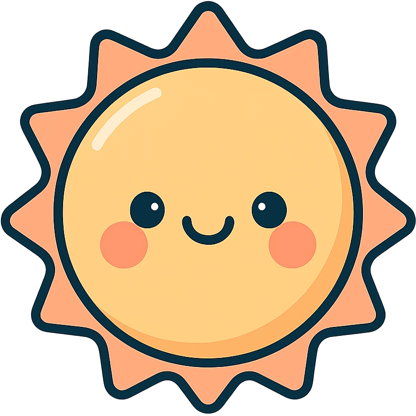 kawaii sun illustration, icon-color-outlined style, detailed shading, highlights, thin clean outlines, soft rounded features, pastel palette #98B5BC #B5B3C1 #C9A3C9 #E4C0CA #F7DCD1 #F7C0AA, modern Japanese pop art and sticker aesthetic, highly detailed, vector clarity, soft lighting, subtle shadows, transparent background emoji